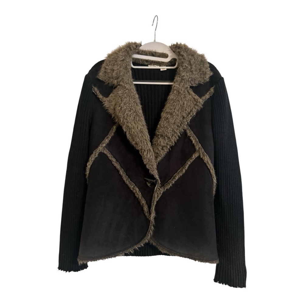 CATO Y2K Penny Lane Coay Cable Knit Black Hippie Hobo Fur Trim